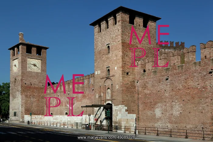 : Verona. Low angle view of the main entrance, the covered towers, : Verona. Low angle view of the main entrance, the covered towers,