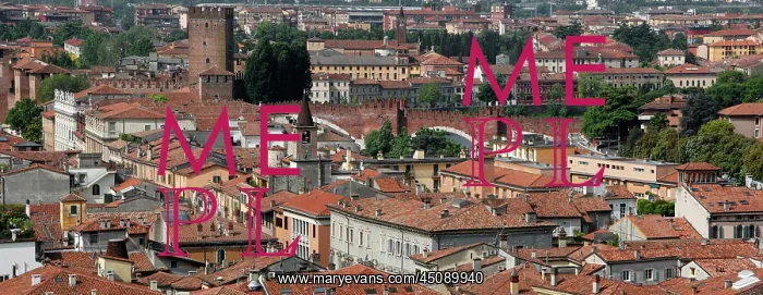 : Verona. Panoramic view of rooftops and Castelvecchio, 1354-79, Verona, Italy, seen : Verona. Panoramic view of rooftops and Castelvecchio, 1354-79, Verona, Italy, seen