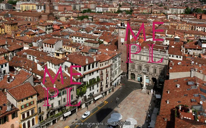 : Verona. High angle view of Piazza delle Erbe from the Lamberti tower, Verona, Italy : Verona. High angle view of Piazza delle Erbe from the Lamberti tower, Verona, Italy