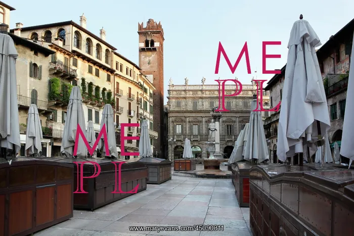 : Verona. Low angle view of the Piazza delle Erbe, Verona, Italy in the early morning : Verona. Low angle view of the Piazza delle Erbe, Verona, Italy in the early morning