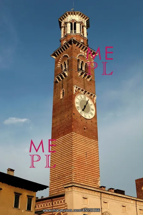 : Verona. Low angle view of Torre dei Lamberti (Lamberti Tower), 12th century, Verona, Italy : Verona. Low angle view of Torre dei Lamberti (Lamberti Tower), 12th century, Verona, Italy