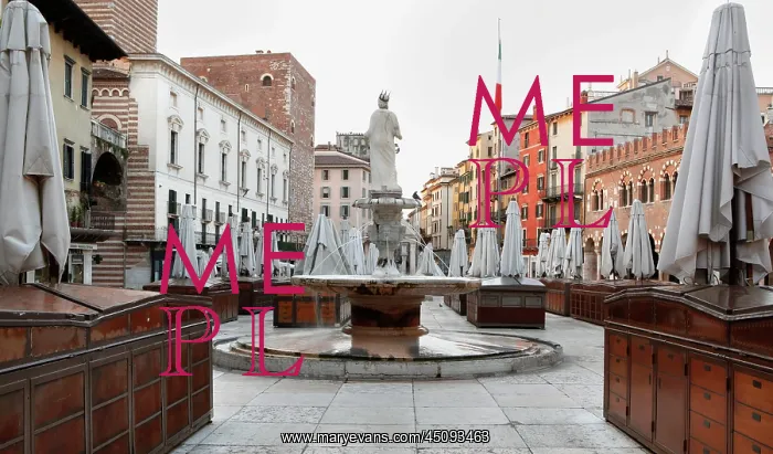 : Verona. Low angle view of Piazza delle Erbe, surrounded by closed umbrellas, Verona, Italy : Verona. Low angle view of Piazza delle Erbe, surrounded by closed umbrellas, Verona, Italy