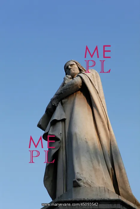 : Verona. Low angle view of Statue of Dante Alighieri, 1865, by Ugo Zannoni, (1836-1919) : Verona. Low angle view of Statue of Dante Alighieri, 1865, by Ugo Zannoni, (1836-1919)