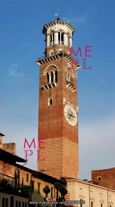 : Verona. Low angle view of Torre dei Lamberti (Lamberti Tower), 12th century, Verona Italy : Verona. Low angle view of Torre dei Lamberti (Lamberti Tower), 12th century, Verona Italy