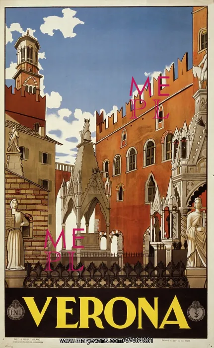 : Verona. Poster showing buildings and monuments in old Verona. Date 1938 : Verona. Poster showing buildings and monuments in old Verona. Date 1938