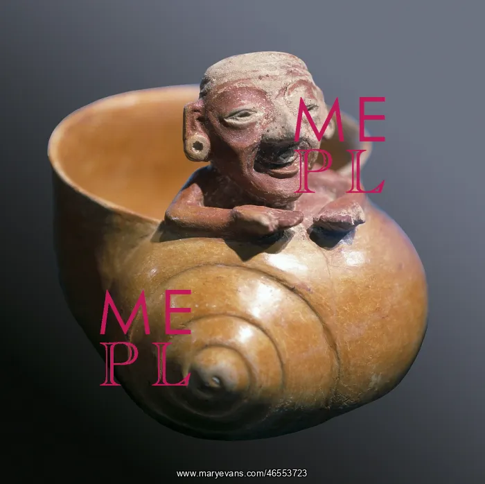 : Vessel shaped as a snail decorated with an old : Vessel shaped as a snail decorated with an old