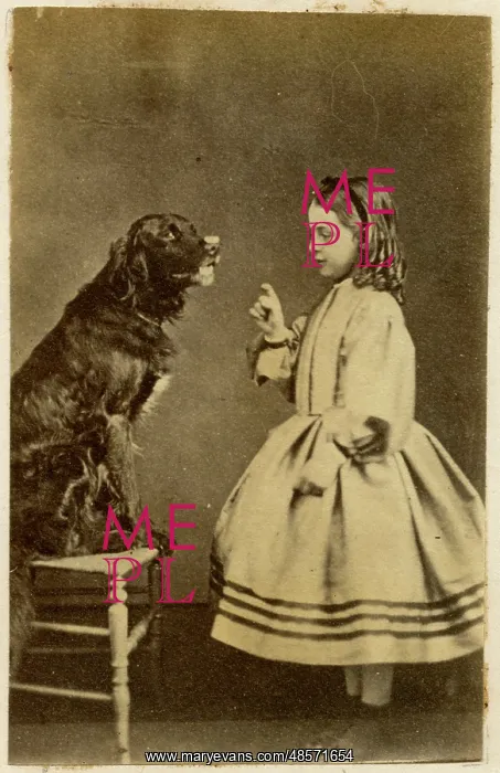 : Victorian girl training her dog : Victorian girl training her dog