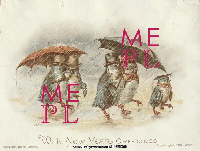 : Victorian Greeting Card - Penguins in the Rain : Victorian Greeting Card - Penguins in the Rain