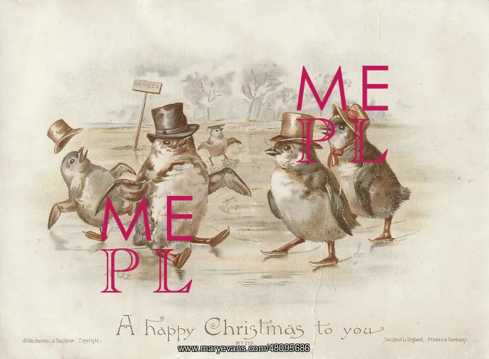 : Victorian Greeting Card - Penguins Skating : Victorian Greeting Card - Penguins Skating