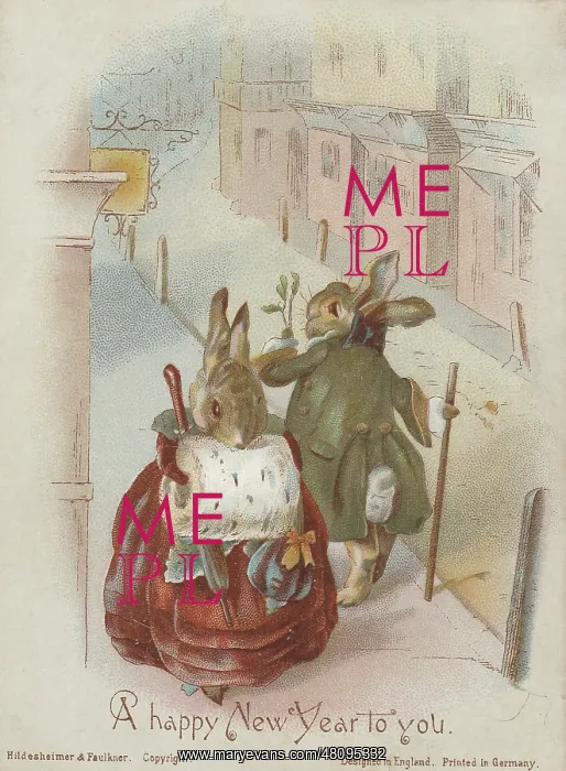 : Victorian Greeting Card - Rabbits with Misteltoe : Victorian Greeting Card - Rabbits with Misteltoe