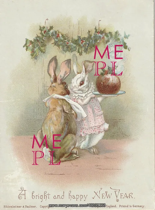 : Victorian Greeting Card - Rabbits with Plum Pudding : Victorian Greeting Card - Rabbits with Plum Pudding