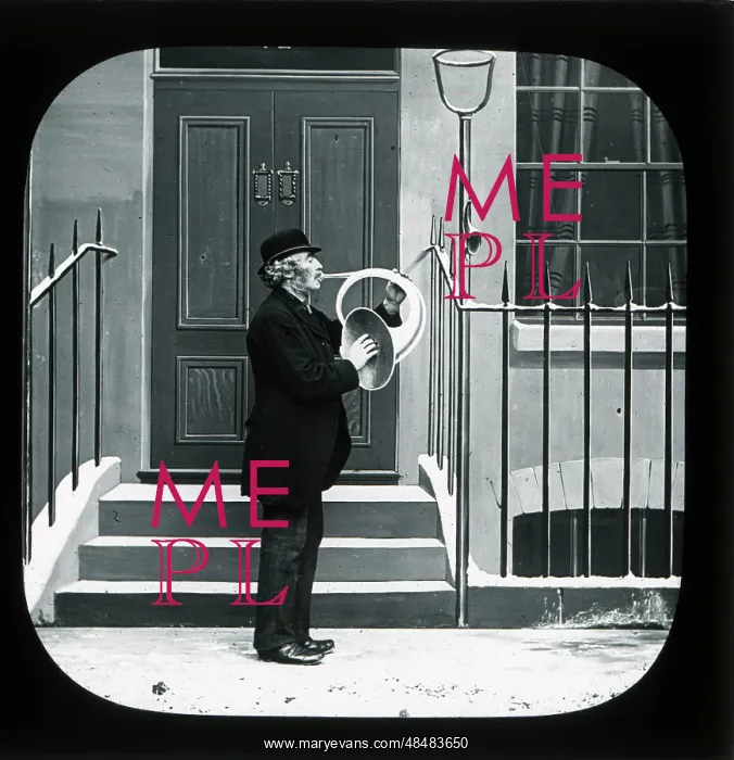  : Victorian horn player in a street