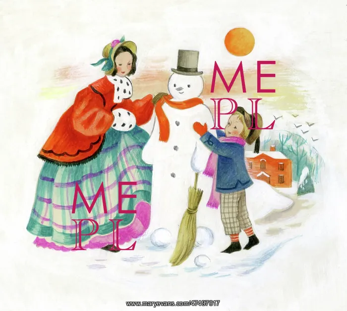  : Victorian lady and little boy with snowman