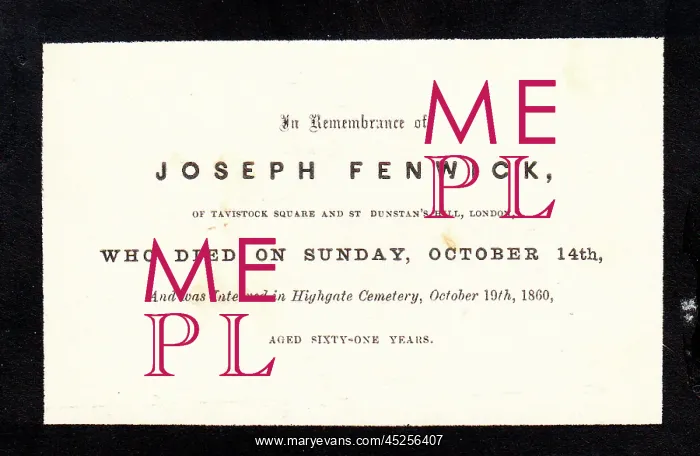 : Victorian mourning card, Joseph Fenwick : Victorian mourning card, Joseph Fenwick