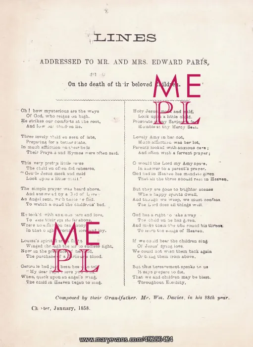 : Victorian mourning poem, loss of three daughters : Victorian mourning poem, loss of three daughters