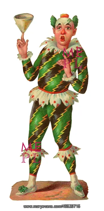 : Victorian Scrap, clown in green and black : Victorian Scrap, clown in green and black