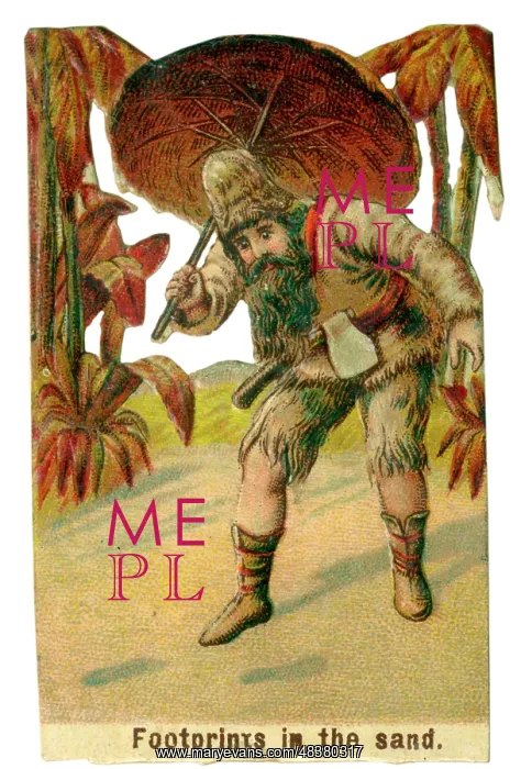 : Victorian scrap, Robinson Crusoe, footprints in the sand : Victorian scrap, Robinson Crusoe, footprints in the sand