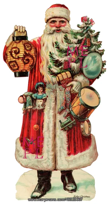 : Victorian scrap - Santa with lantern, tree and presents : Victorian scrap - Santa with lantern, tree and presents