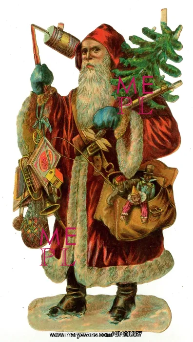  : Victorian scrap - Santa with tree and sack of presents