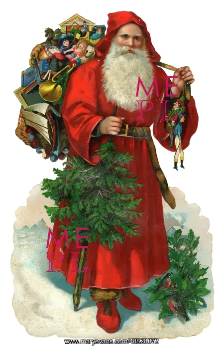 : Victorian scrap - Santa with tree and sack of presents : Victorian scrap - Santa with tree and sack of presents