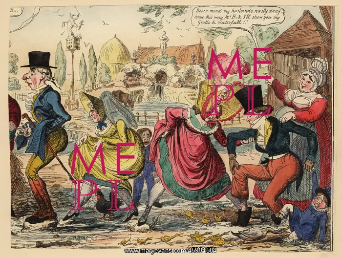 : Victorian tourists wading through dung on a farm : Victorian tourists wading through dung on a farm