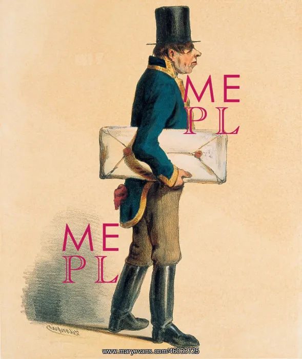 : Usher. Man with stove pipe hat, blue uniform jacket and sealed parcel : Usher. Man with stove pipe hat, blue uniform jacket and sealed parcel