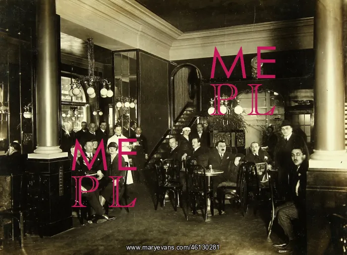 : Viennese coffee house with waiters and many : Viennese coffee house with waiters and many
