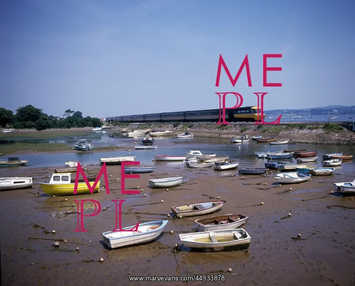 : View of boats in the harbour, with train, Cockwood, Devon : View of boats in the harbour, with train, Cockwood, Devon