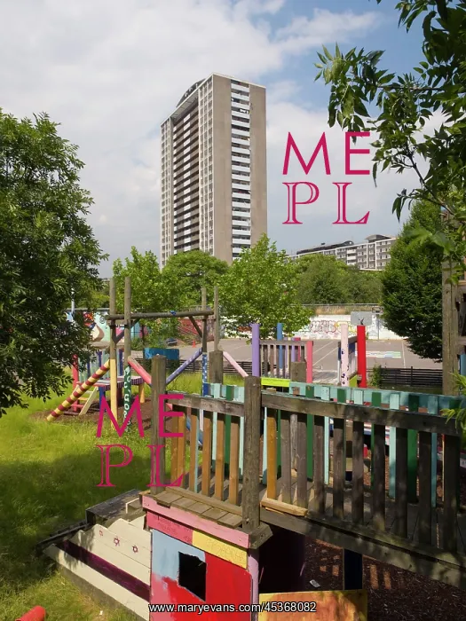 : View across Three Corners adventure playground towards flats : View across Three Corners adventure playground towards flats
