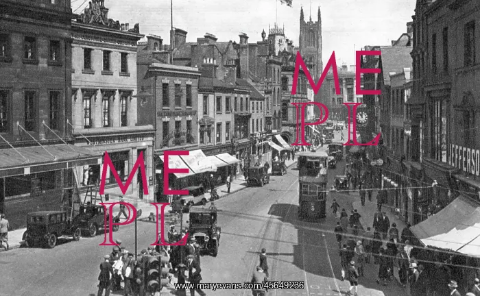 : View of the Cornmarket, Derby, on a busy day : View of the Cornmarket, Derby, on a busy day