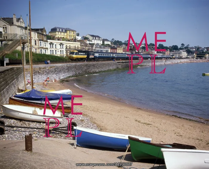 : View of cove with boats and train, Dawlish, Devon : View of cove with boats and train, Dawlish, Devon