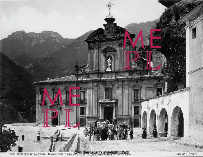 : Italy. View of the facade of the Abbey of the Trinity and the square opposite : Italy. View of the facade of the Abbey of the Trinity and the square opposite