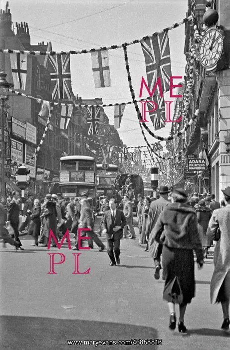 : View of Fleet Street, London, with flags : View of Fleet Street, London, with flags