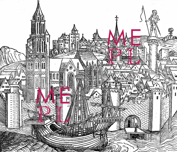 : View of fortified city with a Cog, a type sailing : View of fortified city with a Cog, a type sailing
