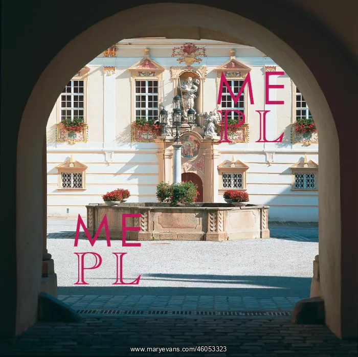 : View of fountain and monastery gate : View of fountain and monastery gate