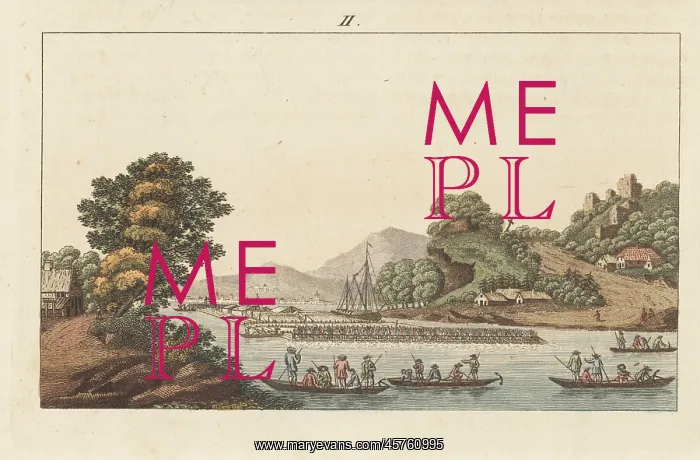 : View of a large timber raft on the Rhine near : View of a large timber raft on the Rhine near