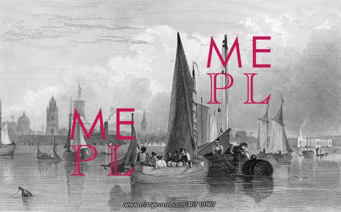 : View of Liverpool from the Mersey, with boats : View of Liverpool from the Mersey, with boats