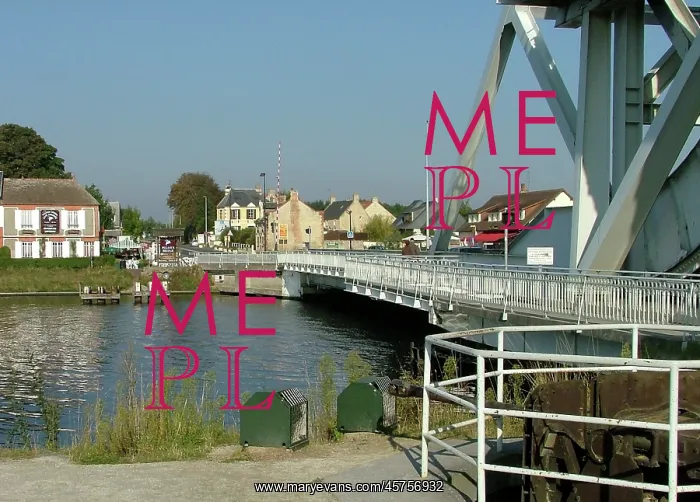 : View of Pegasus Bridge, Gondree Cafs & gun pit : View of Pegasus Bridge, Gondree Cafs & gun pit