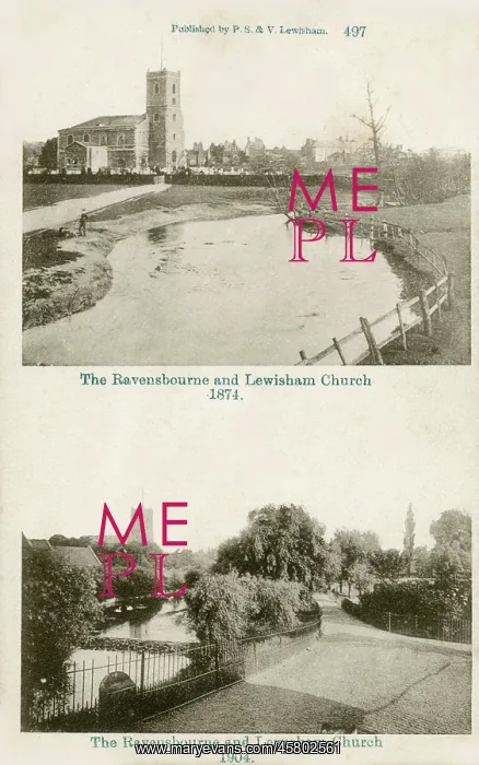 : View of Ravensbourne River and St. Mary's Church, Ladywell : View of Ravensbourne River and St. Mary's Church, Ladywell