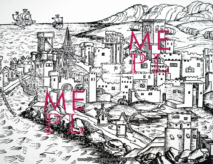 : View of Rhodes, showing wind mills for producing : View of Rhodes, showing wind mills for producing