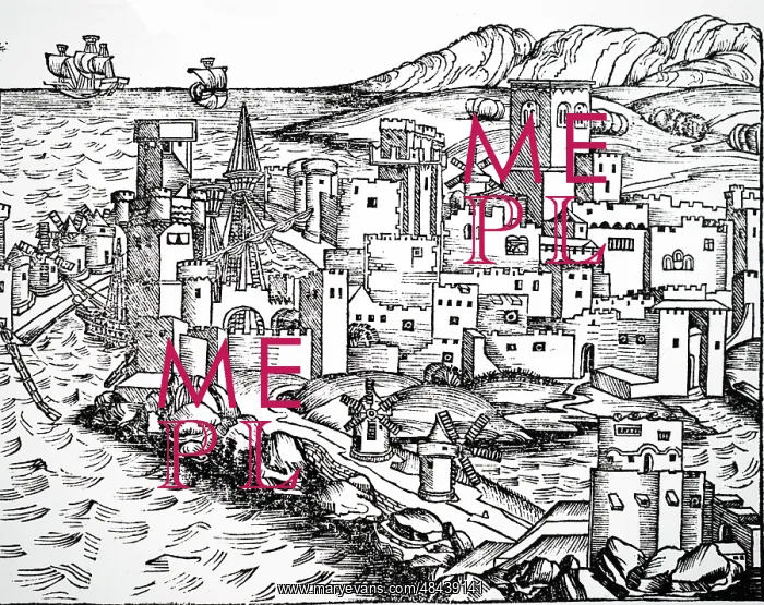 : View of Rhodes, showing windmills for producing : View of Rhodes, showing windmills for producing