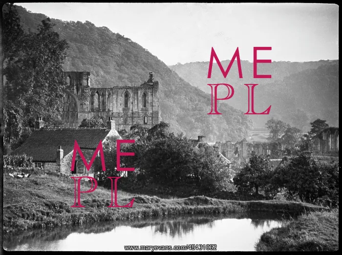 : A view of Rievaulx Abbey with the River Rye and a cottage : A view of Rievaulx Abbey with the River Rye and a cottage