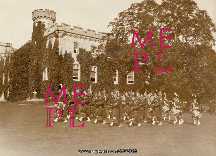 : View of Tulloch Castle, Scotland, with pipers : View of Tulloch Castle, Scotland, with pipers