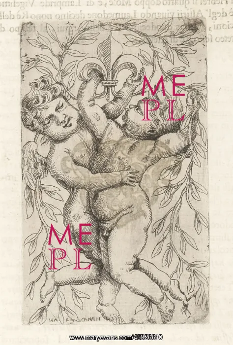 : Vignette with two putti holding garlands of laurel : Vignette with two putti holding garlands of laurel