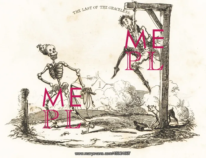 : Vignette of a skeleton and a man hanging from a gibbet : Vignette of a skeleton and a man hanging from a gibbet