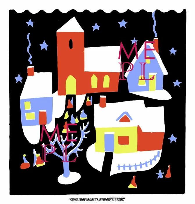 : Village at night with people going to church : Village at night with people going to church