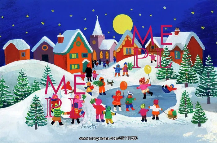 : Village Scene with Children Skating : Village Scene with Children Skating