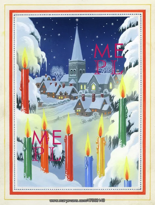 : Village in the snow with candles : Village in the snow with candles