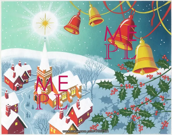 : Village in the snow with hollly and bells : Village in the snow with hollly and bells