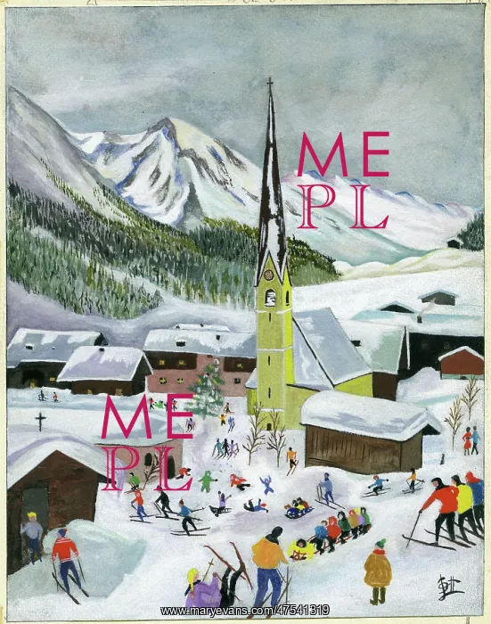 : Village in the snow with skiers : Village in the snow with skiers